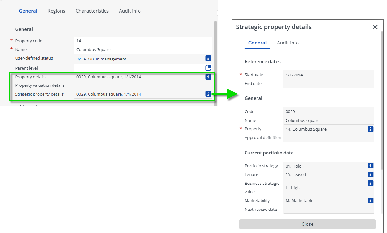 Screen capture of the three Property details fields with information popup