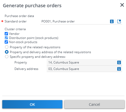screen capture displaying generate purchase orders window with cluster criteria applied