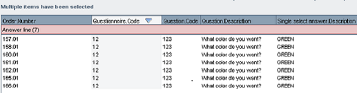 screen capture displaying all the orders that have the answer 'Green'