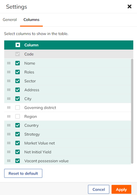 Screen capture of the Column settings menu