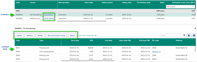 Screen capture of the Contract lines section