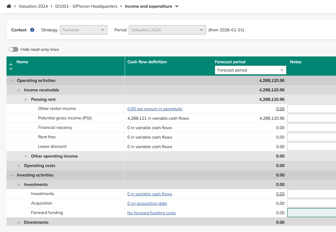 Screen capture of the Income and expenditure screen