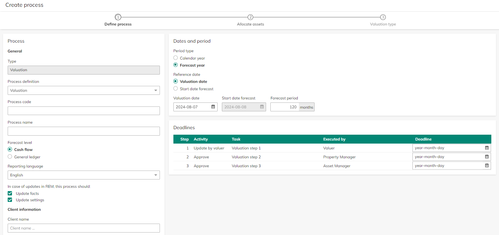 Screen capture of the 'Define process' step of the 'Create process' wizard