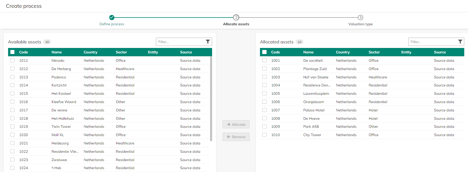 Screen capture of the 'Allocate assets' step of the 'Create process' wizard