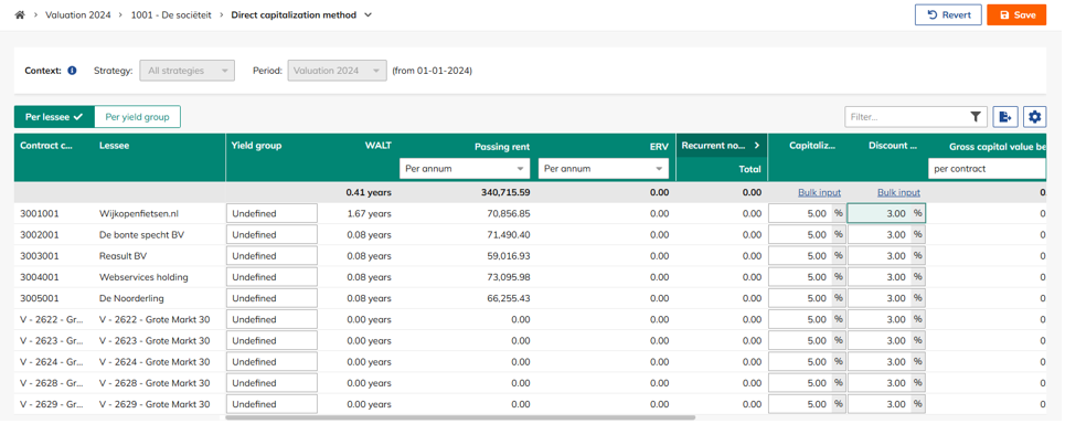 Screen capture of the Direct capitalization screen