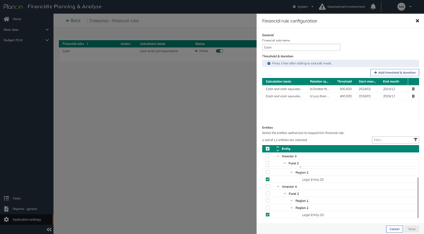 Application settings Enterprise – Financial rules