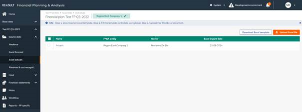Financial Plan – Source Data Excel actuals, after the import of an actuals file