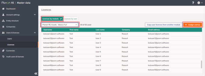 Add licenses by module