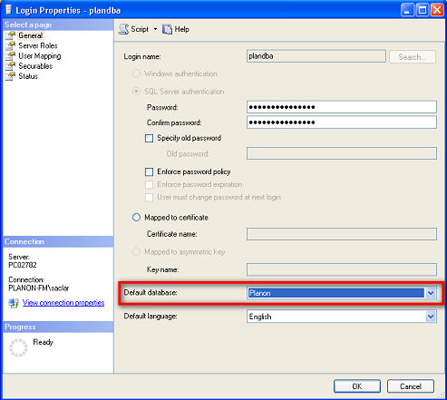 Screen capture of Login Properties of planon database dialog box where you need to select the default database from the list of options