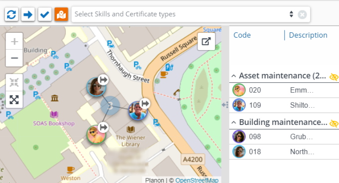 Screen capture of Resource Planner map view displaying individual resources