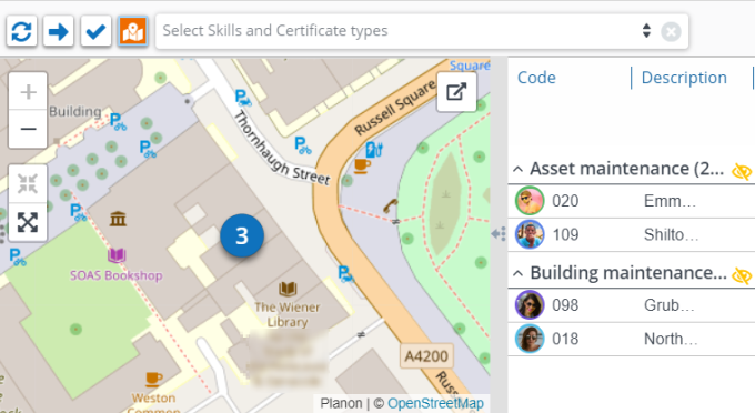 Screen capture of the Resource Planner map view with a cluster marker showing the number of work assignments