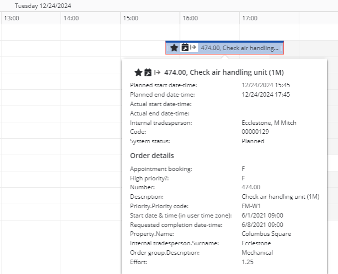 Screen capture showing a work assignment outside working hours (with a red border)