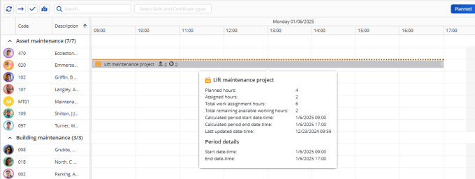 Screen capture of the resource allocation on the planboard and the corresponding tooltip