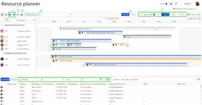 Screen capture showing Resource Planner controls and features