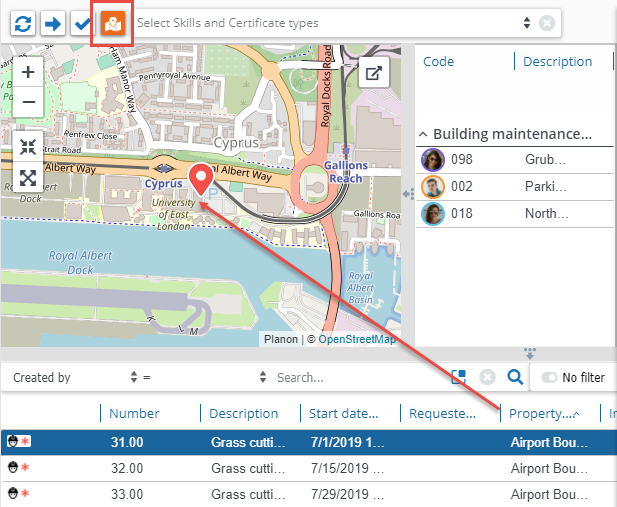 Screen capture of the activated 'Map view' in Resource Planner with a red pin pointing to a work location