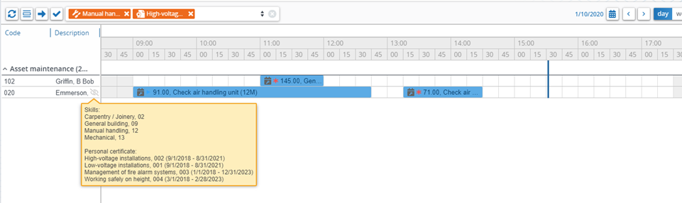 Screen capture showing Resource Planner Skills filter and tooltips