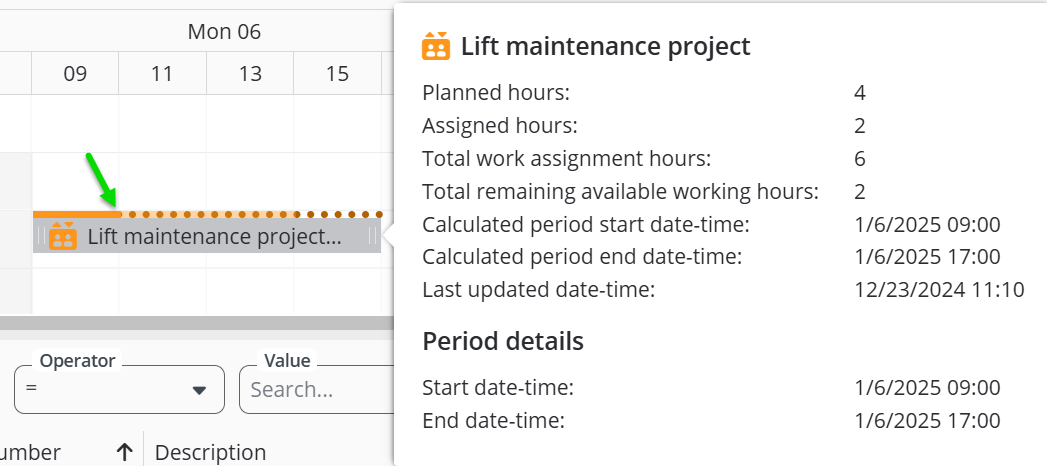 Screen capture of a resource allocation on the planboard, with various types of hours shown on the top bar