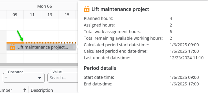 Screen capture of a resource allocation on the planboard, with various types of hours shown on the top bar