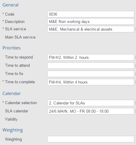 Screen capture of SLA validity calendar for all calls reported on non working days