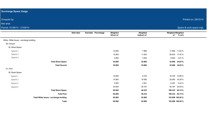 Screen capture showing the surcharge space usage report