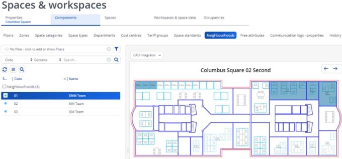 Screen capture displaying highlighted spaces and workspaces when a neighborhood is selected in the elements list