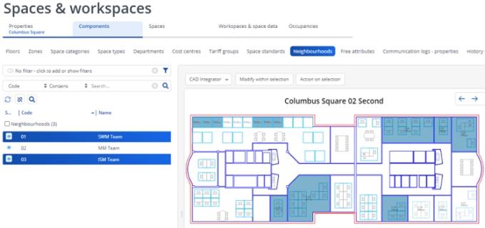 Screen capture displaying highlighted spaces and workspaces when multiple neighborhoods are selected in the elements list