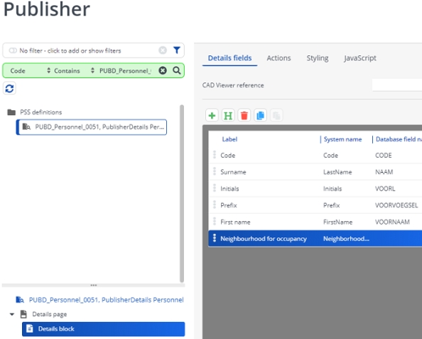 Screen capture displaying the 'Neighborhood for occupancy' field added on the Publisher details Details block