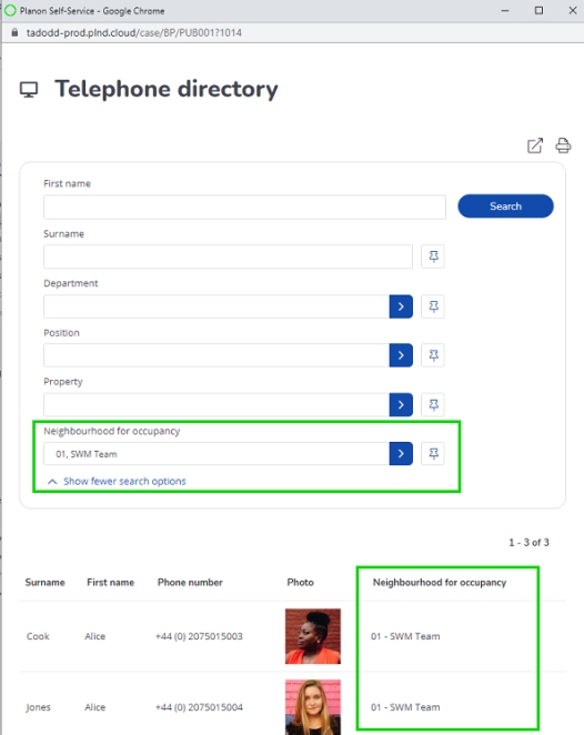 Screen capture displaying the persons linked to the neighborhood specified in the 'Neighborhood for occupancy' search field