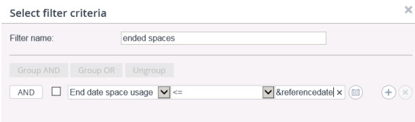 screen capture of Select filter criteria pop-up with ended spaces filter