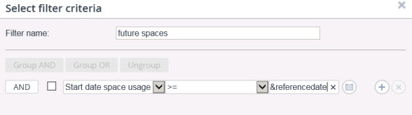 screen capture of Select filter criteria pop-up with future spaces filter