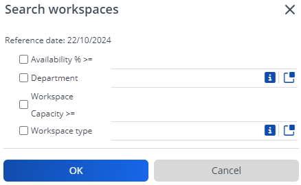 Screen capture displaying the search criteria for searching workspaces