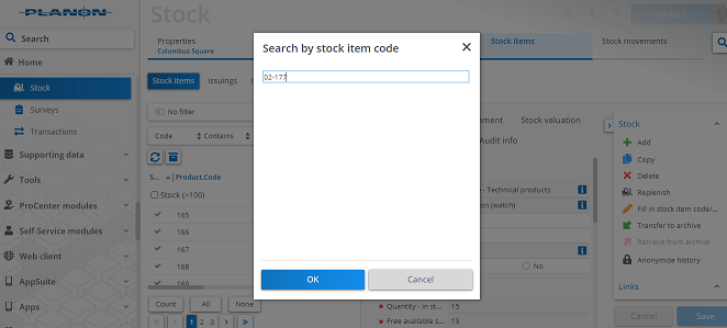 screen capture of stock TSI, displaying 'search by stock item code' window when CTRL+space action is performed