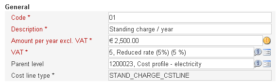 Example screen of a standing cost charges charged per year