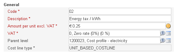 Example screen of a unit based cost profile charges charged per unit