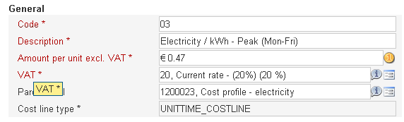 Example screen of a unit time based cost charges