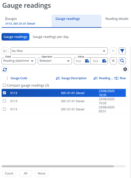 Screen shot showing the filter setting for gauge with reading date and time