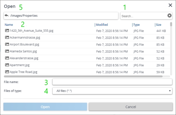 Screen capture showing the 'Open' dialog box displaying image files.