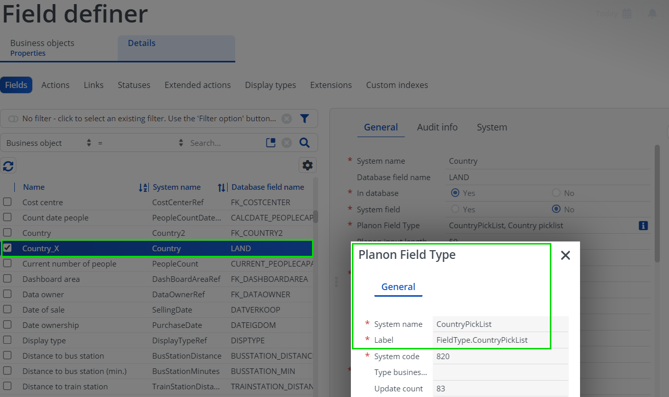 Screen capture of the Planon field type for Country on the Properties business object in Field definer