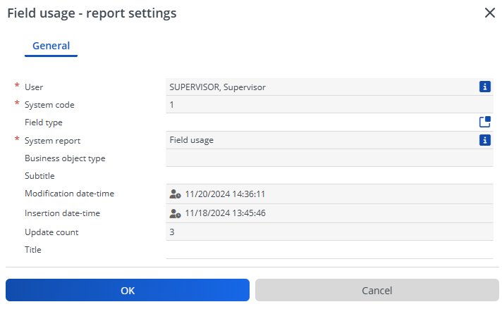 Screen capture of the Field usage - report settings dialog box