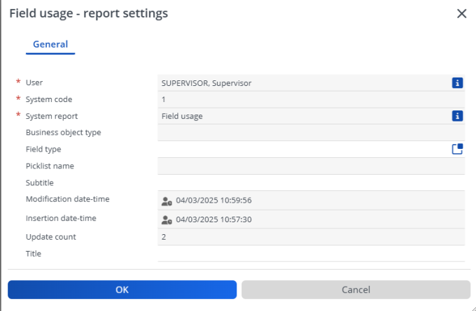 Screen capture of the Field usage - report settings dialog box