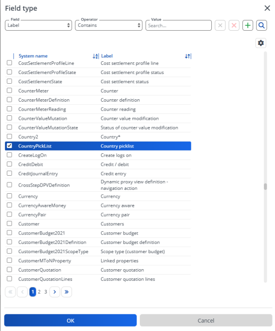 Screen capture of the Field type dialog box for selecting the desired field type