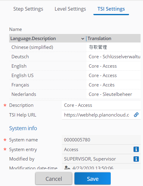 TSI settings showing where to add the WebHelp URL