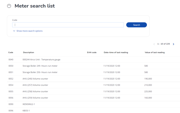 Screen capture of the 'Meter search list' web form