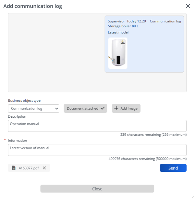 Screen capture of Add communication log dialog