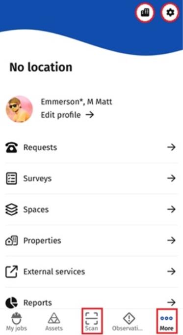 Screen capture of Planon app after clicking the More... button, with highlighted buttons for Settings, Edit profile and Scan
