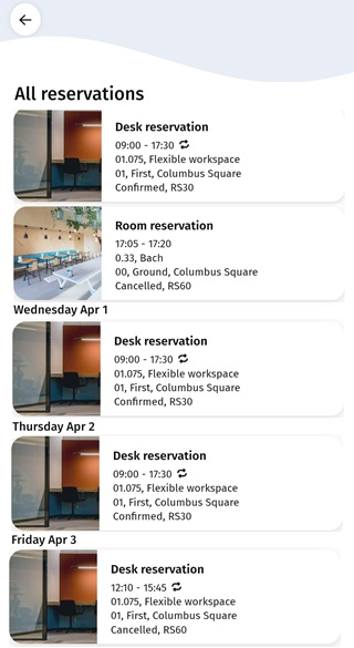 Screen capture displaying the list of all reservations