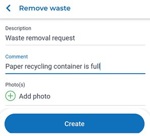 Screen capture of Planon app displaying a waste removal request form