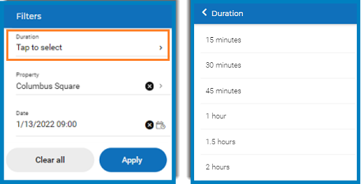 Screen capture of the Reservations module, displaying the Duration filter field