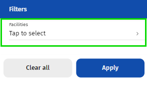 Screen capture of Filters page with Facilities option