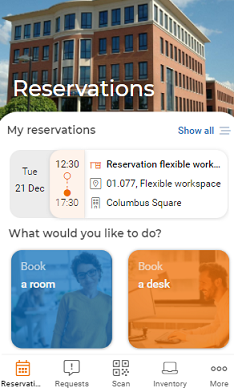 Screen of Planon app displaying Reservations start page